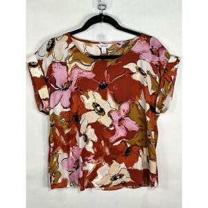 Nine West Floral Roll Cuff‎ Sleeve Blouse Top Pink Orange All Over Print
